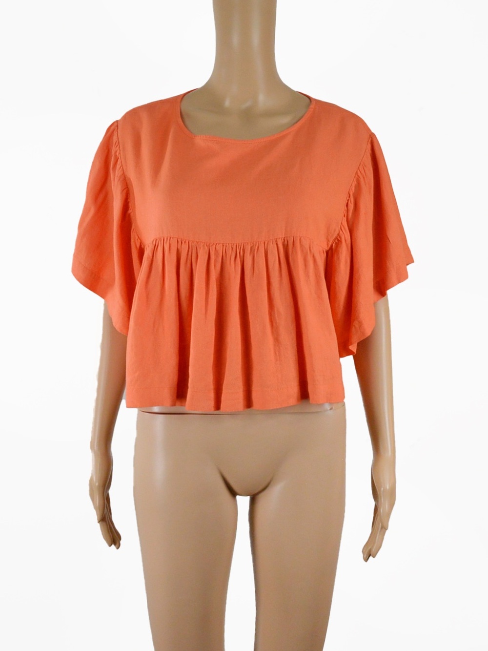 Ursa Minor Orange Babydoll Peplum Blouse Short Flutter Sleeve Linen Blend Top